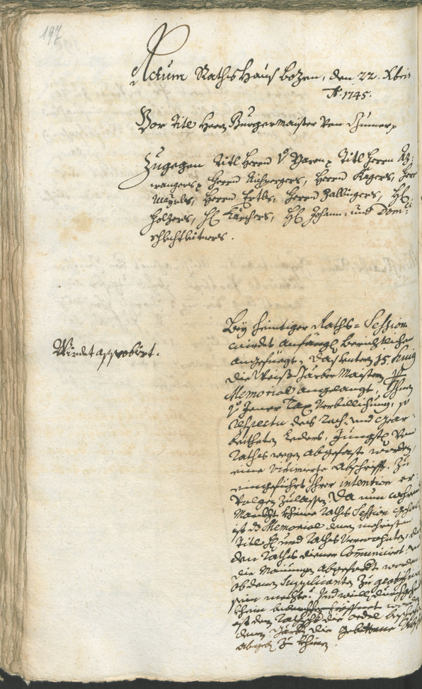 Stadtarchiv Bozen - BOhisto Ratsprotokoll 1744/47 